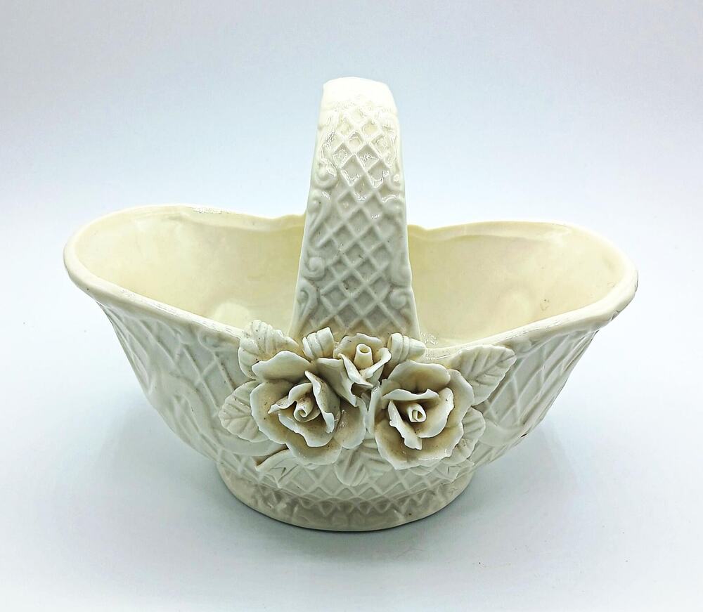 Vintage Ivory Porcelain Basket w/Raised Rose and Weave Detail